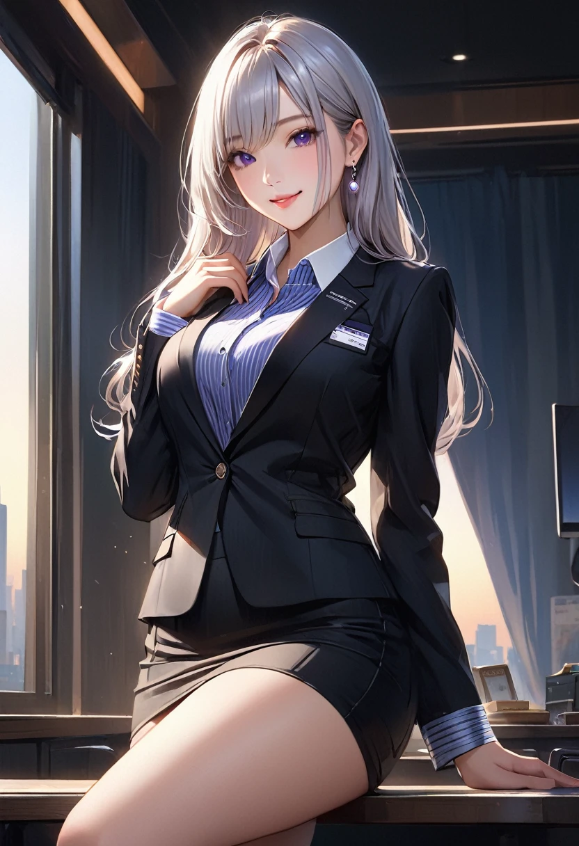 (masterpiece:1.2, Highest quality), (Realistic, photoRealistic:1.4), Beautiful illustrations, (Natural Side Lighting, Cinema Lighting),
View your viewers, Cowboy Shot, Front view, 1 girl, Japanese, high school girl, Perfect Face, Cute and symmetrical face, Glowing Skin, Baby Face,
(Long Hair, Straight hair, Silver Hair), Hair between the eyes, Purple eyes, (Middle chest, Captivating thighs, Big Ass), Earrings,
Beautiful Hair, Beautiful Face, Beautiful attention to detail, Beautiful clavicle, Beautiful body, Beautiful breasts, Beautiful thighs, Beautiful feet, Beautiful fingers,
((Long sleeve, White collar striped shirt, Black suit jacket, Black Pencil Skirt), ID card, strap, Black high heels),
(Beautiful views), evening, office, walk, (Cute smile, Upward glance), Spread your legs,Sit at the table