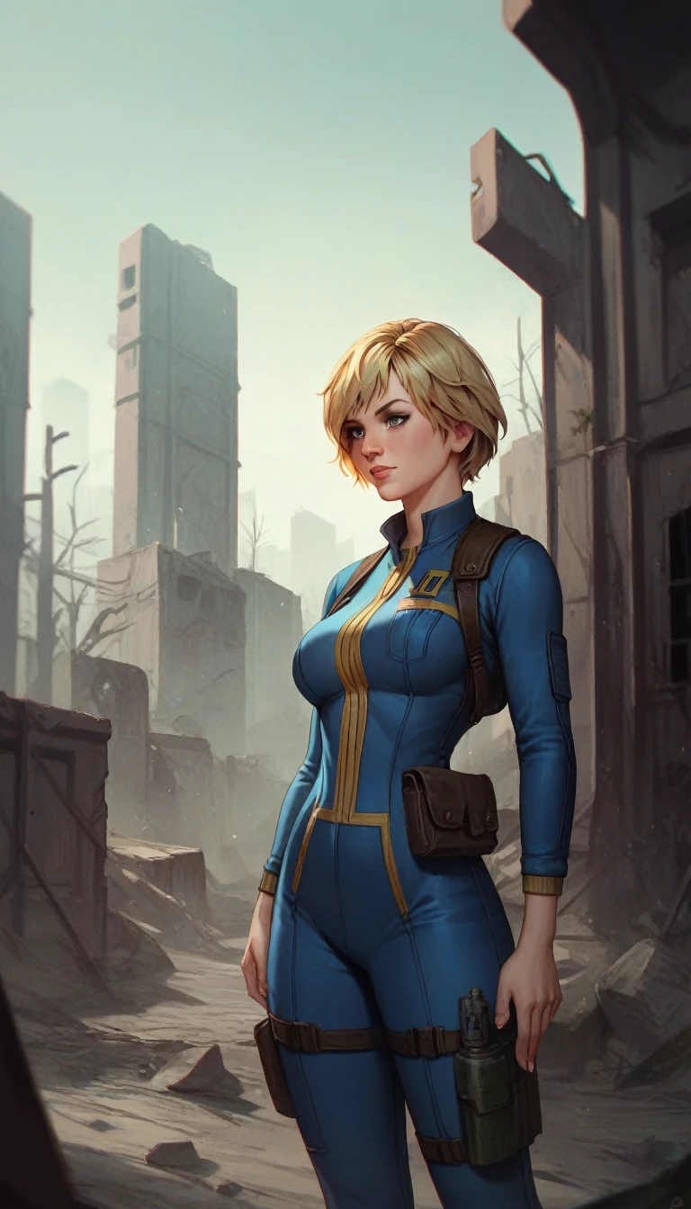 1girl, Heather Mason (Silent Hill 3), blonde hair, short hair, vault jumpsuit (fallout games), long sleeves, holster, standing, city ruins background, high resolution, masterpiece