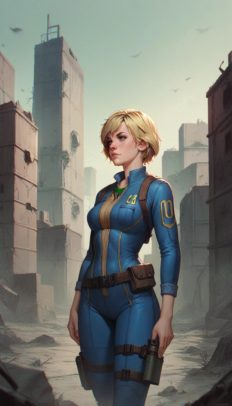 1girl, Heather Mason (Silent Hill 3), blonde hair, short hair, vault jumpsuit (fallout games), long sleeves, holster, standing, city ruins background, high resolution, masterpiece