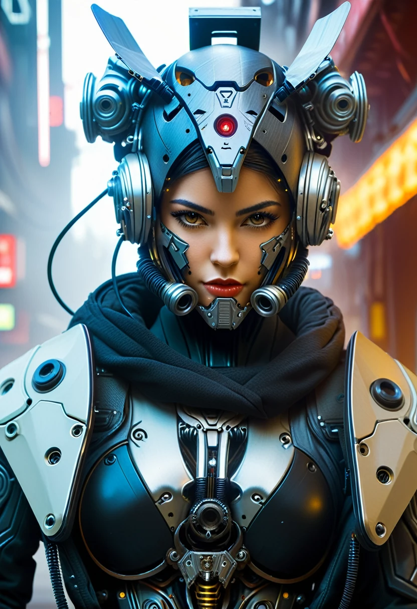 Close-up of a (((Cybernetic girl))) adorned with robotiec elements, blending seamlessly into a cyberpunk environment, (mysterious) and (brutal) ambiance, (masterpiece) of lifelive art, mechanized military helmet detail, skull mask