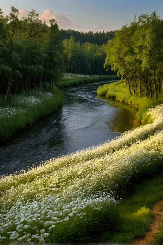 White Flower Field, forest, river, the wind is strong, Warm Light