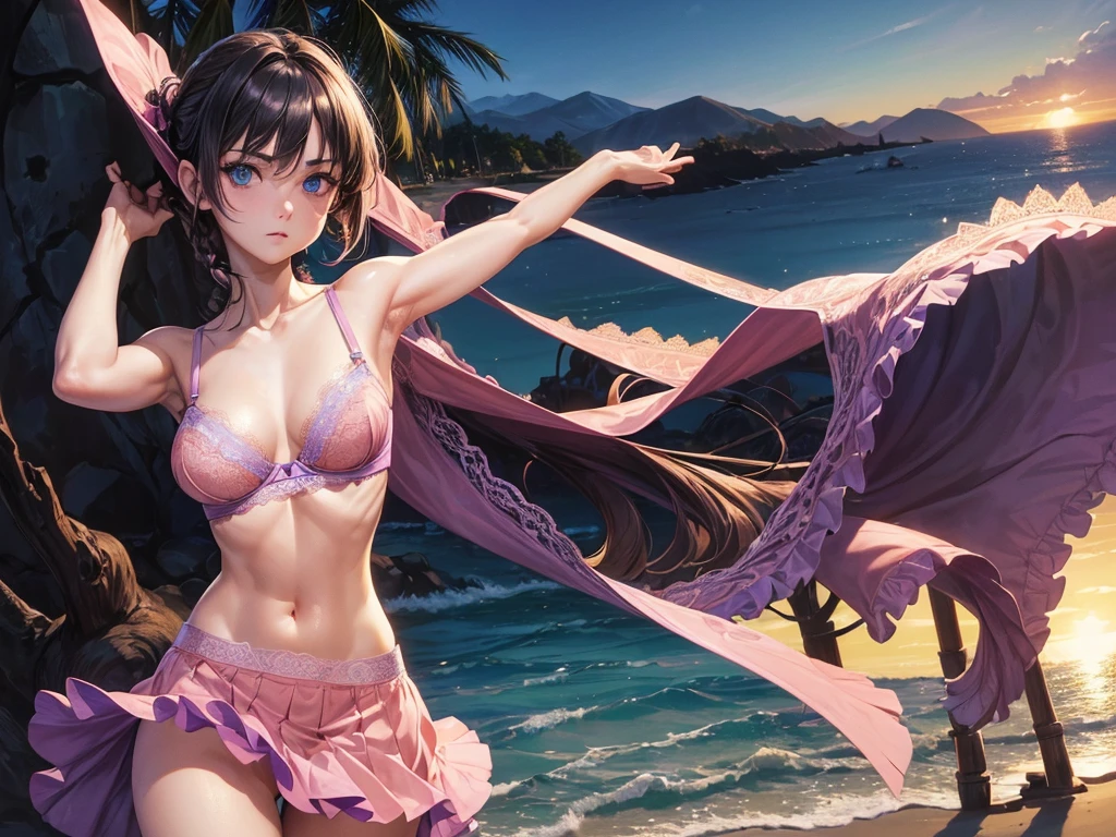 ((depic 30 years old girl)), (pirate girl), (((top-quality, masterpiece))), 4k, HD, one girl, (((dark hair pulled back))), nice hips, Masterpiece, Excellent, complex details, delicate girl, delicate face, sassy, confident, (((cute purple lace bra lingerie))), (((salmon pink skirt))), (no panty), big breasts, thin, very tight waist, (((deep light blue eyes))), ((almond shaped eyes)), (((lot of arms))), sexy pose, clavicle, bare arms, flat belly, standing, sunset, beach, caribean pirate atmosphere