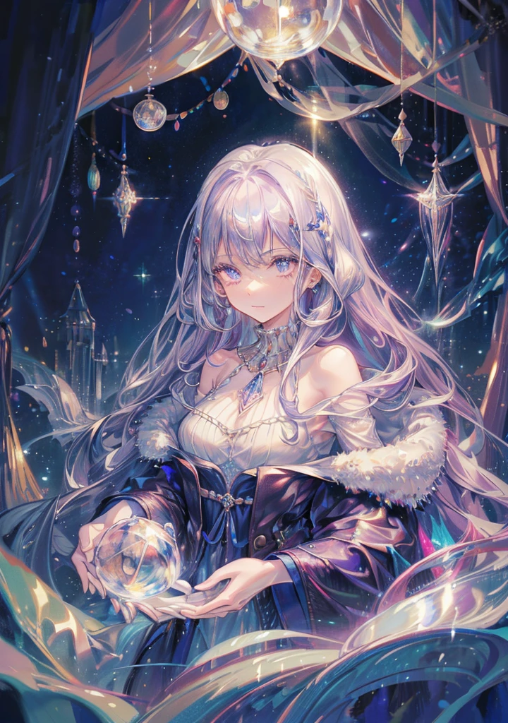 (masterpiece, Highest quality, Highest quality, Official Art, Beautiful and beautiful:1.2), (1 girl:1.3), Wavy long hair, Light purple hair, Very detailed, Portraiture, Looking at the audience, alone, (whole body:0.6), detailed background, close, Glowing Eyes, (Cold arctic winter theme:1.1), fortune teller man, quack, Giggling, mystery, Sit at the table, colorful shoulderless loose gypsy fortune teller man clothes, holy grail, Tarot Cards, Crystal Ball, middle ages (Inside the tent:1.1) background, tent curtains in background, dark mystery lighting, Shadow, Magical atmosphere, Starry Night,, Dutch Cape