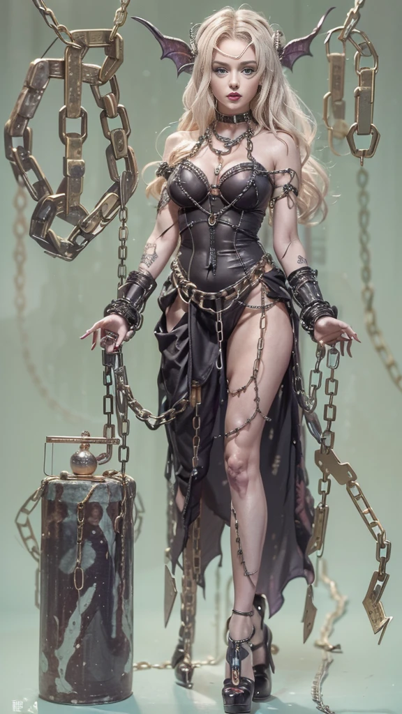 (32K:1.5, Dark fantasy:1.4, Horror Portrait:1.4, Highest quality, masterpiece, Ultra-high resolution), Perfect dynamic composition:1.3, chaos, darkness, Prisoner, slave, Dark Demon World:1.3, (Detailed tattoos on the whole body:1.4, Wearing elaborate jewelry:1.4), Very detailedな肌と顔の質感:1.3, Very accurate, Very detailed, (y succubus demon with big wings:1.3, Incredibly slim body:1.3, beautifully、beautiful:1.3), Horn, Fair skin, Sensual posture, (Putting Badly Torn Clothing Back on Properly:1.3), Medium chest, (Big eyes that exude beautiful ero0.4, Feel the intense caress:1.0, Please open your mouth a little, lipstick, Feel the beautiful eroticism:o sexy:0.9, charm的な9), ((Physical fear:1.5, Lots of chains:1.6, Countless chains tangled in clothes:1.6, Chain your right arm:1.5, Chain the left arm:1.5, The right leg is bound with a shackle and chain:1.5, The left leg is bound with a shackle and chain:1.5)), Super long blonde curly hair, Earrings, necklace, bracelet, romantic, mysterious, elegant, Object of admiration, original, dramatic, artistic, Innovative, charm, Heartful, Fancy, sense of openness, sense of cleanliness, special, exciting, Extreme, Tilt, sense of loss, sorrow, sorrowの表現, ((大人のcharm, 女性的なcharm))