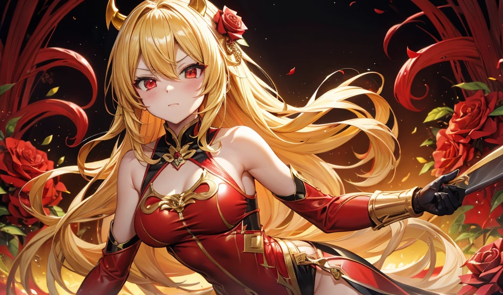 Blonde flat-chested girl,Demon King,gold gemstone crown,Red手爪,Red龍尾,Red,High-fork swimsuit,Red rose