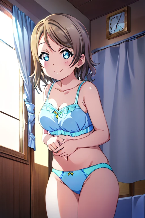 (((Pixel Perfect、Perfect in every detail))), alone、One Girl、watanabe, Uranohoshi, Bedroom、Watch Viewers、smile、sex appeal、Light blue bra、Light blue panties、Big Breasts、night、whole body、Standing posture、Curtain closure、One Girl