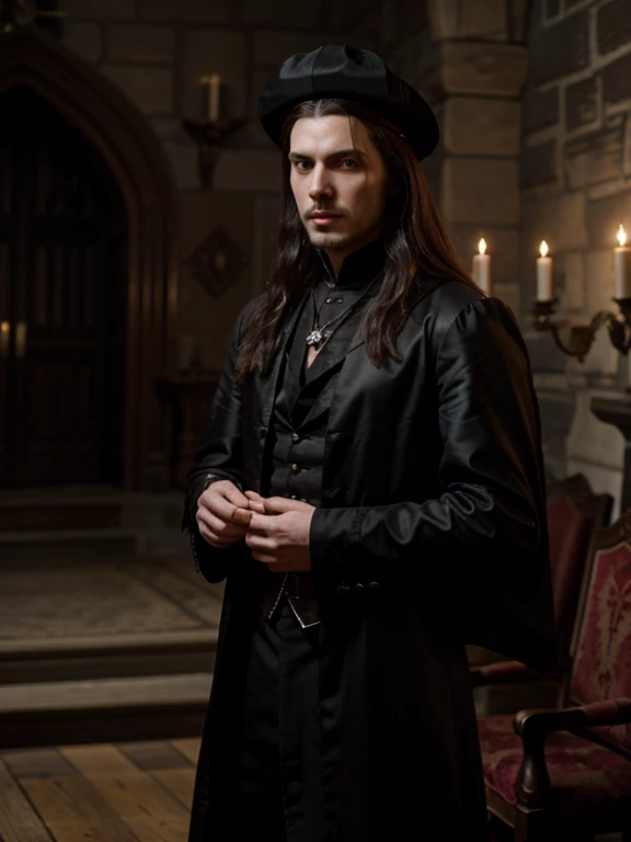 1boy: Vlad III Basarab Comte de Dracula 26 years old 1472 dress like "Hugo De Rune from a plague tale" in hall castle