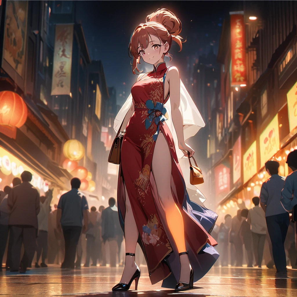 (best quality,8k,highres, masterpiece:1.2), (anime style),ultra-detailed, HDR, UHD, studio lighting, ultra-fine painting, sharp focus, physically-based rendering, extreme detail description, professional, vivid colors, bokeh, portraits, concept artists, warm color palette, dramatic lighting,Summer festival night,1 beautiful woman,(no sleeves China dress),updo, big smile, (The cityscape lined with the fairs of summer festivals),(beautiful hair, glowing skin,),full body,(passing crowd),(anime style),(high heels with straps),Holding a Hermès Kelly Bag, ((close up:1.4))