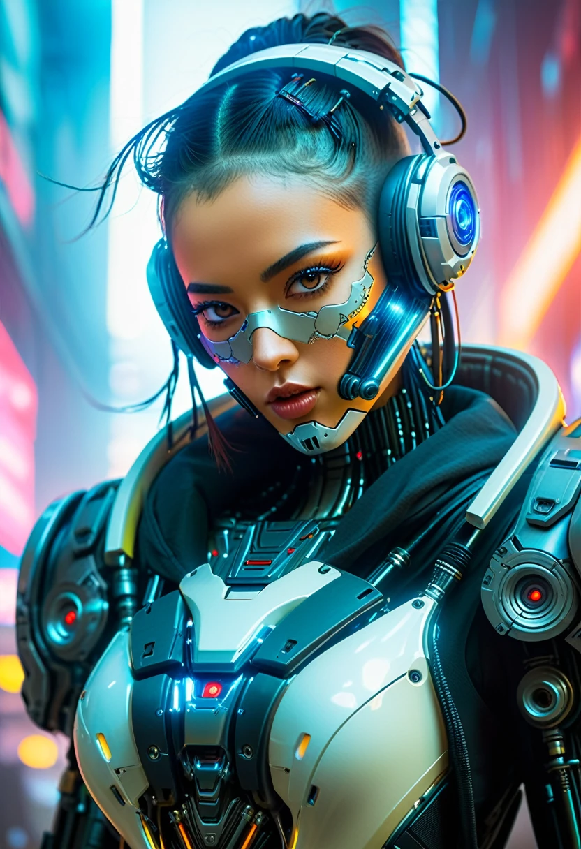 Close-up of a (((Cybernetic girl))) adorned with robotiec elements, blending seamlessly into a cyberpunk environment, (mysterious) and (brutal) ambiance, (masterpiece) of lifelive art, skull mask