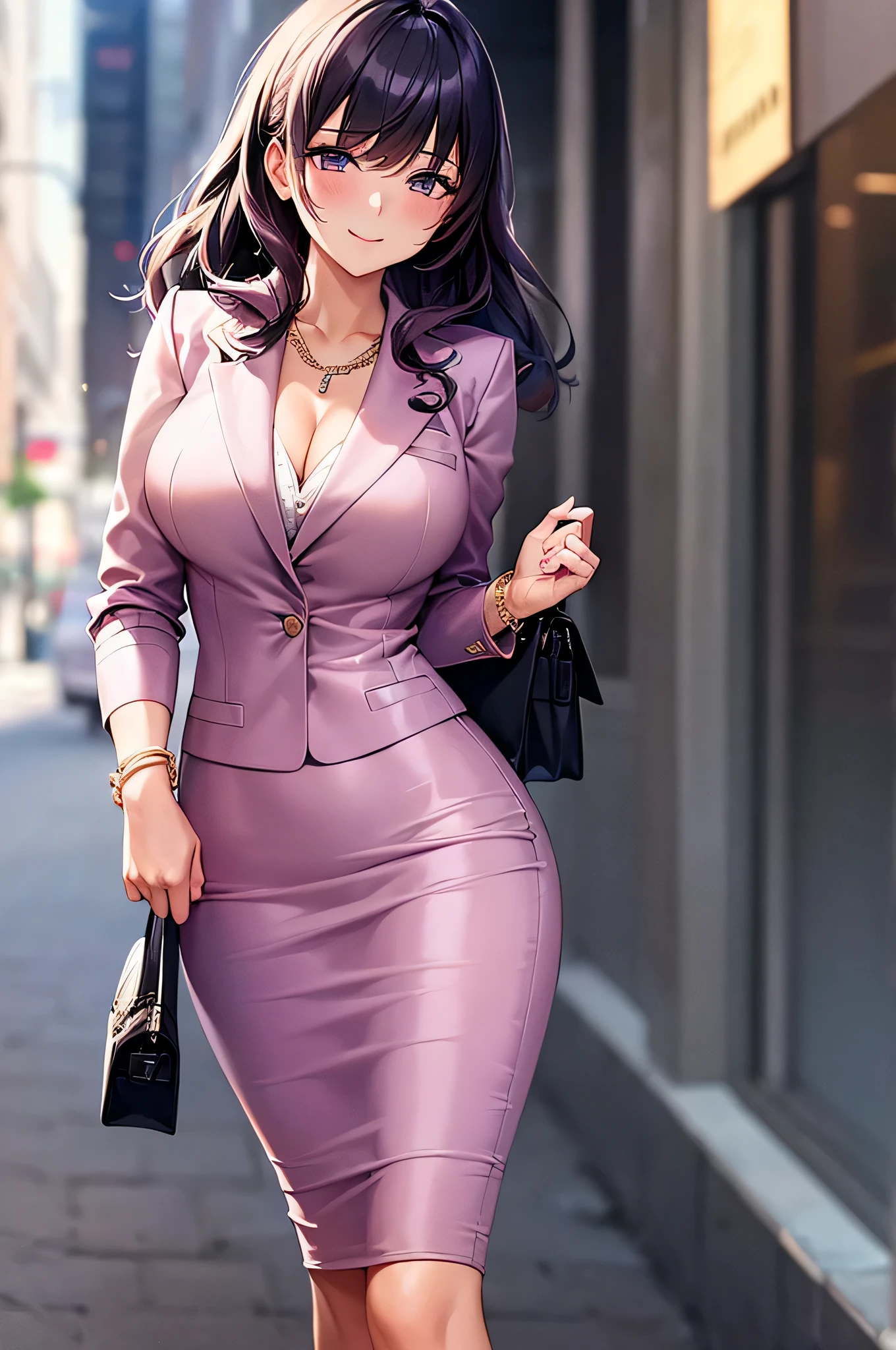 ((masterpiece, best quality, ultra-detailed)), 1girl, beautiful business woman walking in city back turned, smiling, blush, wearing pink blouse, blazer, bracelet, necklace, black midi pencil skirt, black suit skirt, heels, full body, wavy purple hair, wide hips