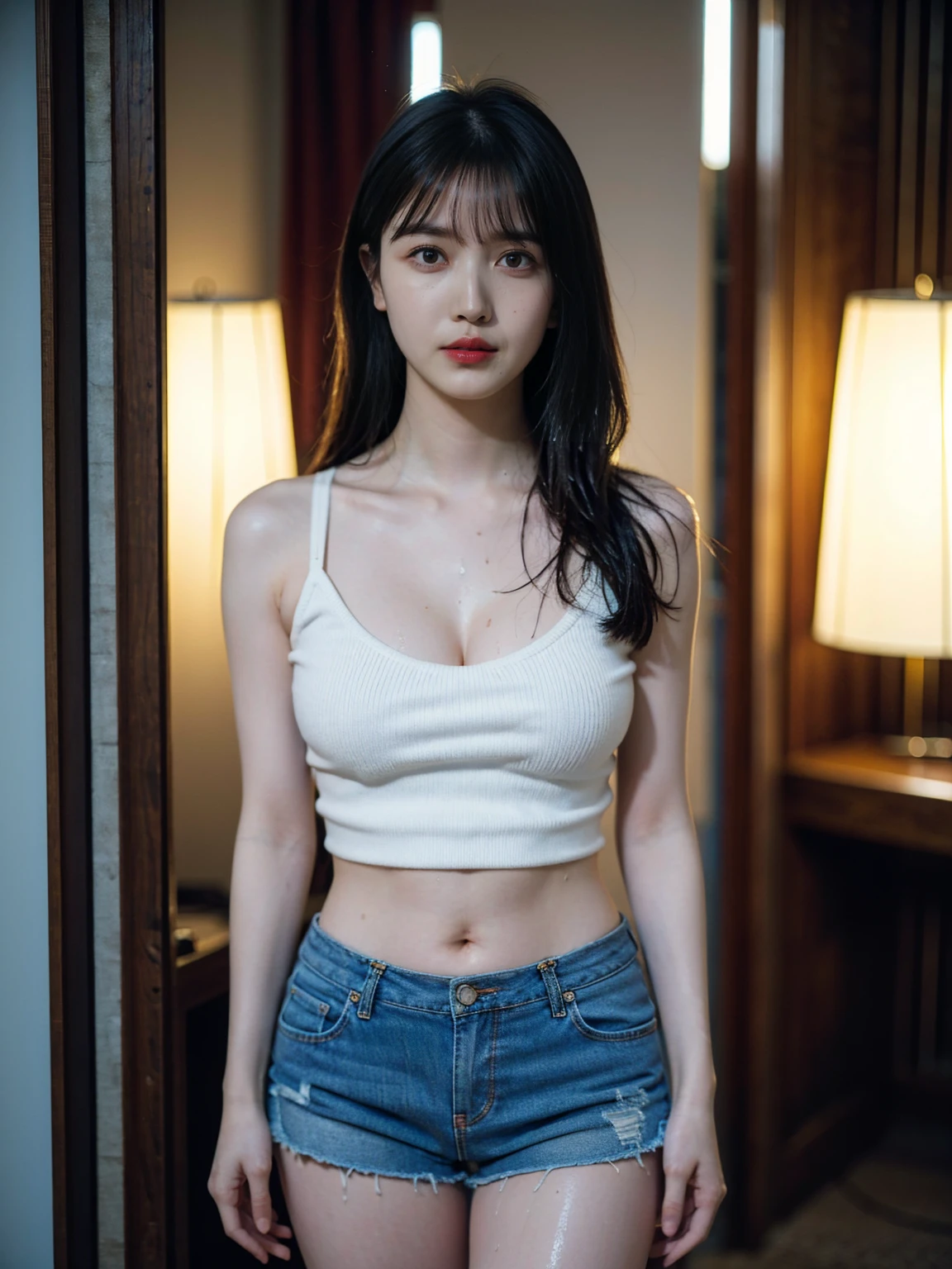 ((1girl)), woman, masterpiece, best quality, highest quality, cinematic lighting, (volumetric lighting), extremely detailed CG unity 8k wallpaper, focused, 8k wallpaper, extremely detailed, ultra realistic, photorealistic, sharp focus, absurdres, (HDR:1.2), (high contrast), photograph, detailed and intricate, instagram, portrait, highly detailed, digital painting, artstation, concept art, smooth, sharp focus, illustration, cinematic lighting, (big breast:1.2), (((skinny, super slim legs))), (japanese idol posture), (knit strap tanktop, short pants, cleavage), looking at the viewer, (I don't see arms)), ((Standing)), ((Medium body shot, hip level shot)), ((wet body))