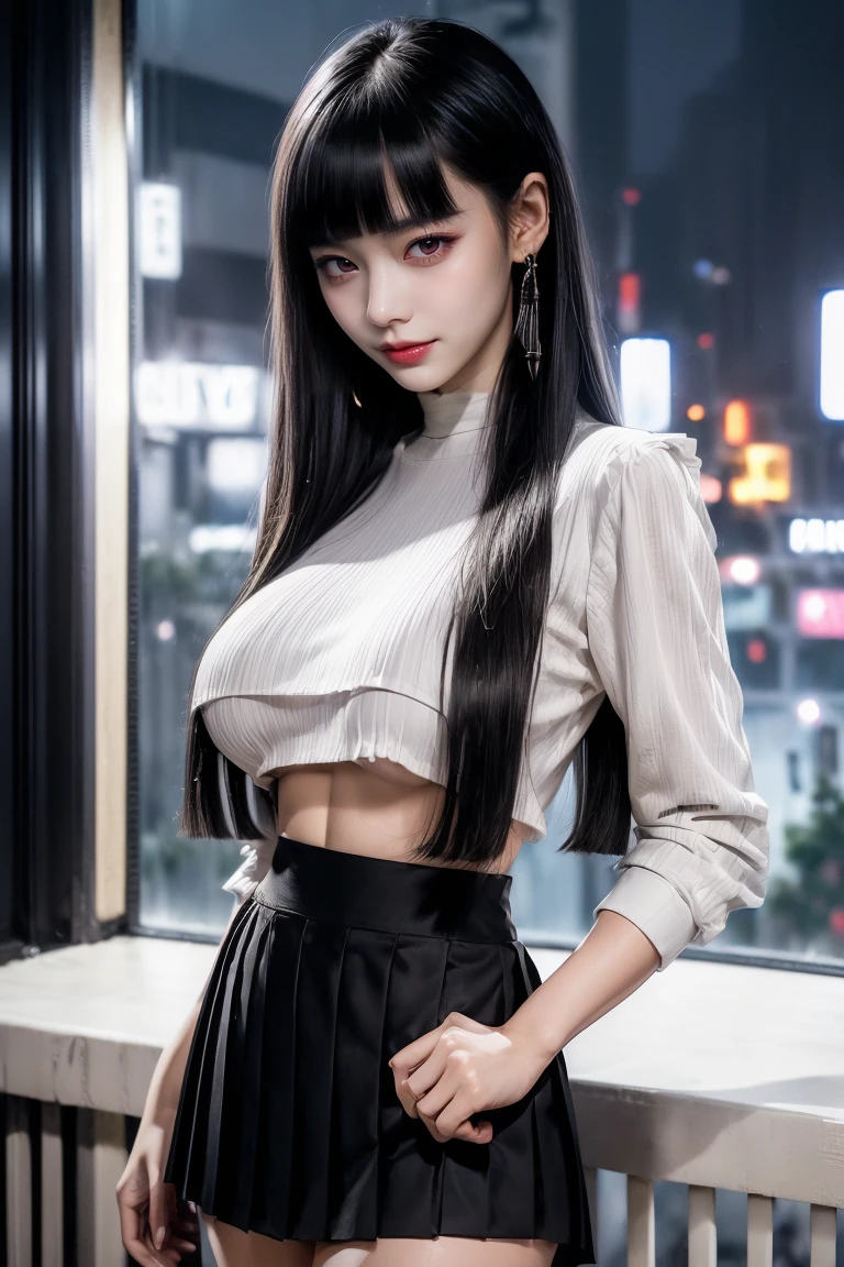 Have a look at this、Look forward、(belly button、Tight white t-shirt:1.5)、(Black mini pleated skirt:1.5)、Ultra-high resolution、(((Blunt bangs, Princess Van))), (((Very heavy,Voluminous bangs:1.1))),(((very length, Very heavy,Very voluminous side locks:1.1))),, Princess Cut, Straight bangs hairstyle, Round face with Blunt bangs, length, Glossless hair、The bangs are cut straight,(masterpiece, Highest quality:1.5), (Ultra-fine 8K CG:1.4), (hyperRealistic:1.25), (PhotoRealistic:1.25), (Realistic:1.4), Cowboy Shot,(Smile 1.3), Beautiful Japanese Girl, 12 years old, Supermodel, Japanese Idols, (Grin), (Big Breasts:1.5), Sweat、((The city of Shibuya at night:1.5))、Accentuate your cleavage、Black Hair:1.2、(Full body image:1.5)、((Real person:1.5))、Perfect balance、(From above:1.5）