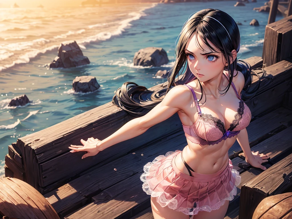 (((Nico Robin))), ((depic 30 years old girl)), (pirate girl), (((top-quality, masterpiece))), 4k, HD, one girl, (((dark hair pulled back))), nice hips, Masterpiece, Excellent, complex details, delicate girl, delicate face, sassy, confident, (((cute purple lace bra lingerie))), (((salmon pink skirt))), (no panty), big breasts, thin, very tight waist, (((deep light blue eyes))), ((almond shaped eyes)), (((lot of arms))), sexy pose, clavicle, bare arms, flat belly, standing, sunset, beach, caribean pirate atmosphere