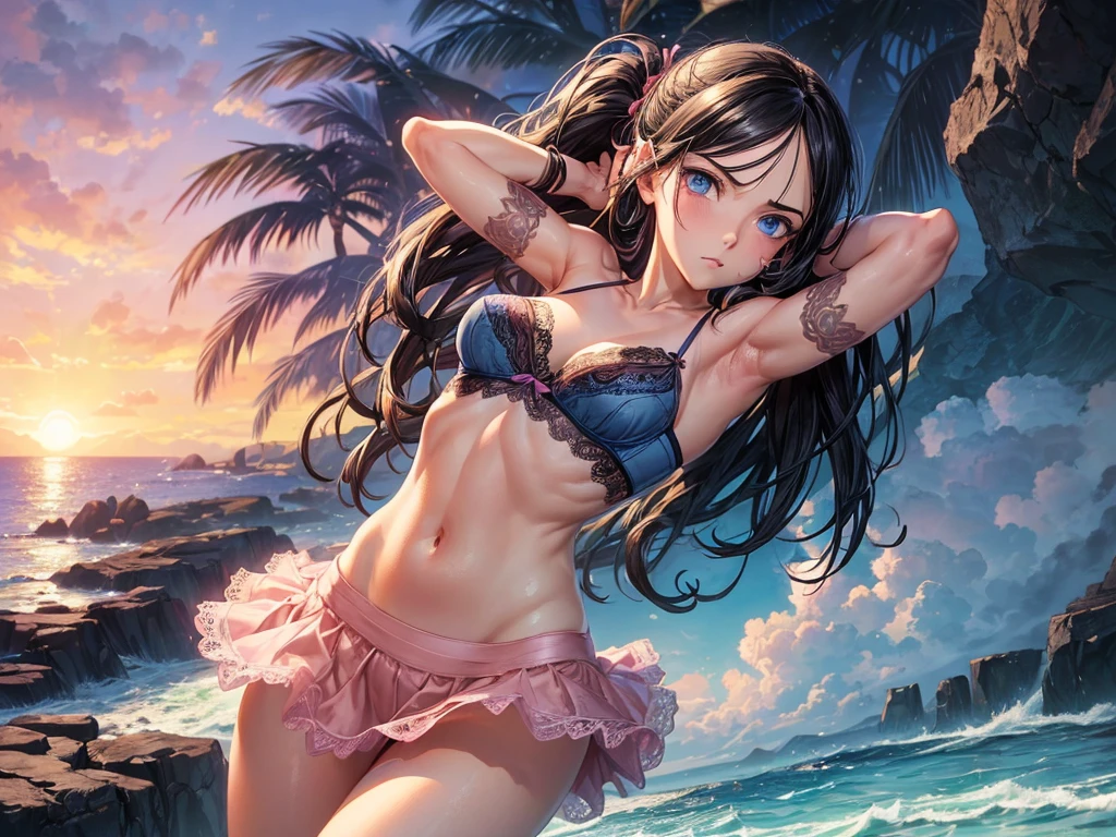 (((Nico Robin))), ((depic 30 years old girl)), (pirate girl), (((top-quality, masterpiece))), 4k, HD, one girl, (((dark hair pulled back))), nice hips, Masterpiece, Excellent, complex details, delicate girl, delicate face, sassy, confident, (((cute purple lace bra lingerie))), (((salmon pink skirt))), (no panty), big breasts, thin, very tight waist, (((deep light blue eyes))), ((almond shaped eyes)), (((lot of arms))), sexy pose, clavicle, bare arms, flat belly, standing, sunset, beach, caribean pirate atmosphere