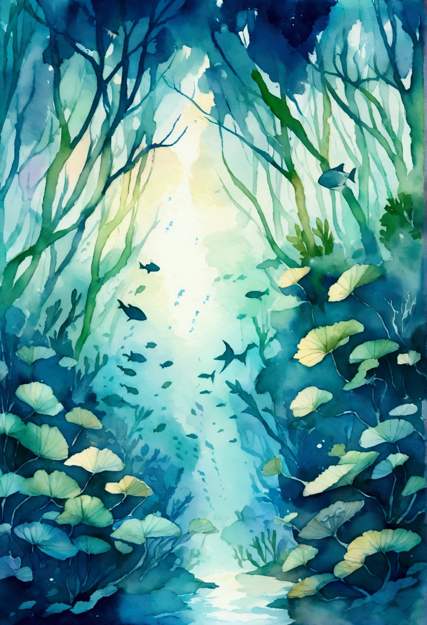 seaweed forest underwater, watercolor