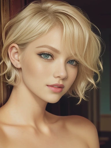 blond woman with short wavy hair, ((naked, nude)), posing for a picture, blonde short wavy hair, short blonde hair, short blond hair, short blond hair, blonde and attractive features, blond bob haircut, a gorgeous blonde, medium short hair, short curly blonde haired girl, with short hair, a girl with blonde hair, short wavy blonde hair with bangs. ((Deep green eyes, extremely long eyelashes)). Kelly Von East.