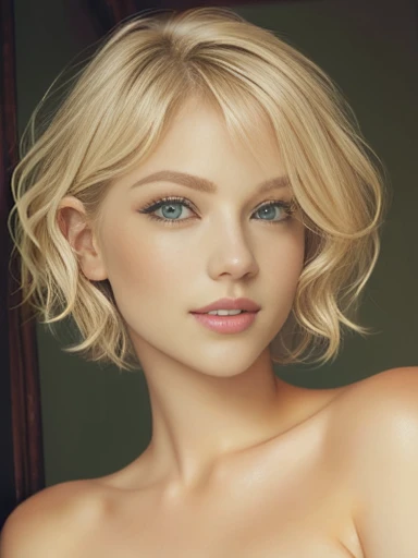 blond woman with short wavy hair, ((, )), posing for a picture, blonde short wavy hair, short blonde hair, short blond hair, short blond hair, blonde and attractive features, blond bob haircut, a gorgeous blonde, medium short hair, short curly blonde haired girl, with short hair, a girl with blonde hair, short wavy blonde hair with bangs.  ((Deep green eyes, extremely long eyelashes)).  Kelly Von East.