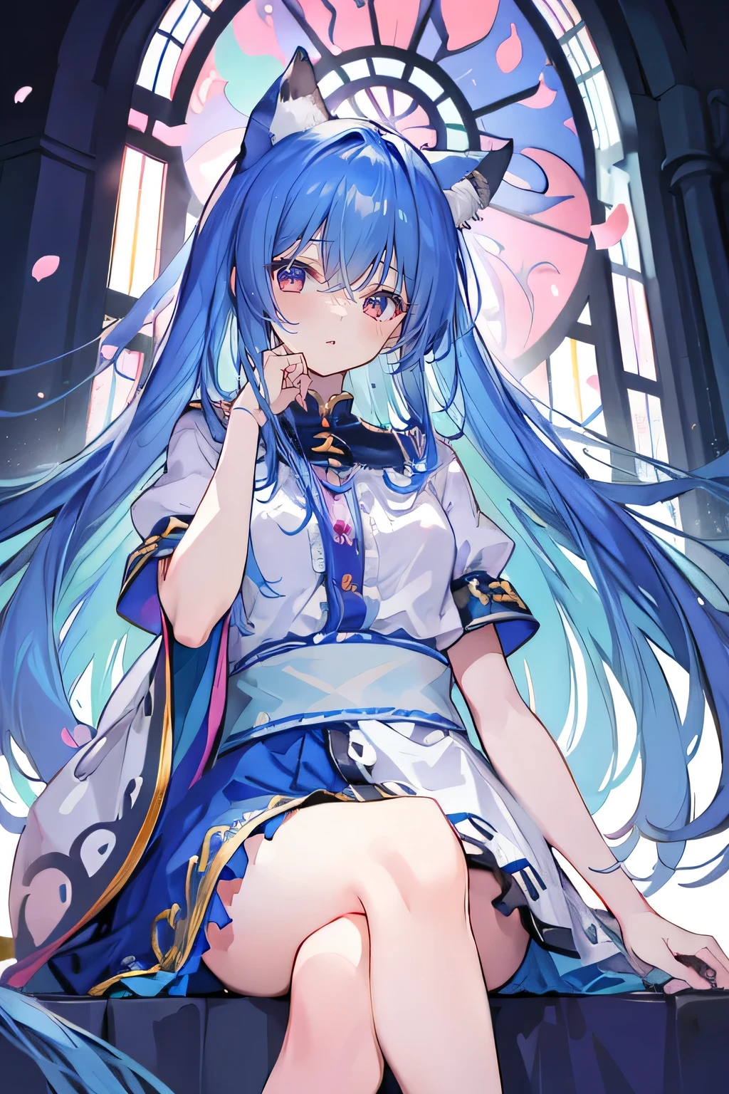 (masterpiece:1.2),Extremely detailed,Practical,expressive eyes,Fair skin,Perfect face shaping,1 Girl,
Japanese cartoons,Gorgeous blue hair, the long flowing blue hair,Floating clothes,Cat ears,Petals fall,beautiful lola,Young Angel,
Place your hands on your waist,sit elegantly on the ground,Cross your legs,Gentle and peaceful background,stately church,Place your hand on your lips。
