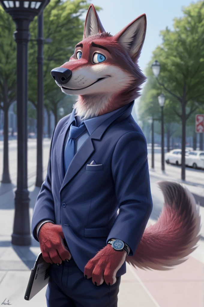Joachim Wolfbach (Zootopia),tall handsome, wolf,young, 24 years, brown fur,(red body:1.3),Blue eyes, Moscow Dressed jacket, shirt, tie,trousers, canine, wolf, detailed fur, Male, second, paw pads, finger claws,Holding a laptop in his hands, At the viewer, 5 fingers, paws, 5 fingers, smile, happy, resting, wrist watch, т nextel, I'm sitting at home and watching TV, by xenoforge, (difficult, high detail, film photography, soft focus, RAW, pilot in training,smile смех открытый рот
фотореализм, realistic, photorealistic, analog style, subsurface scattering,
masterpiece, Best quality, ultra realistic, 8 thousand.)