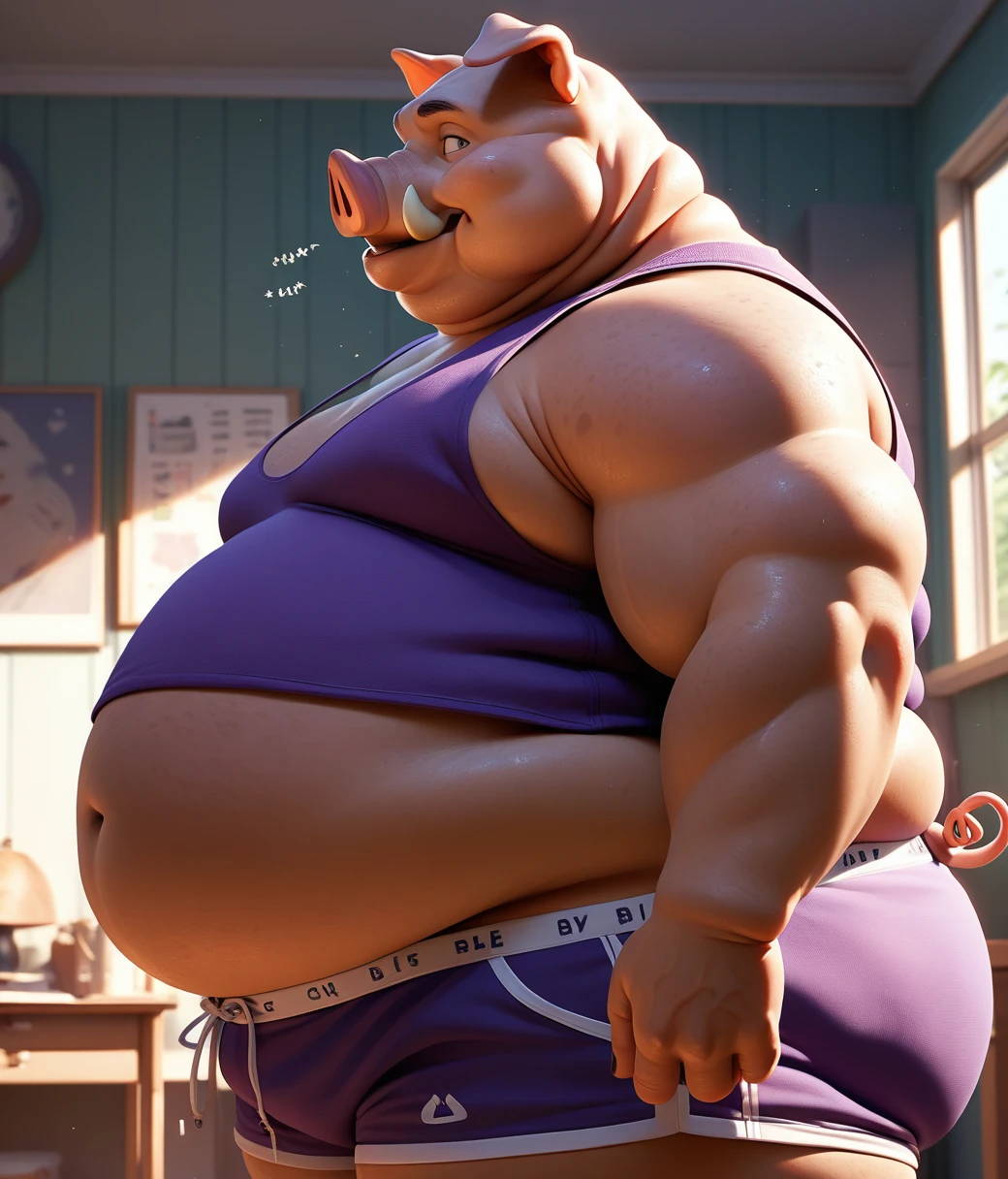Bear,furry,muscle,inflated belly with air hose in ass,lay on the floor playing with belly,huge bulge,underwear,shirtless,background hose room,shirtless,huge belly,huge belly
