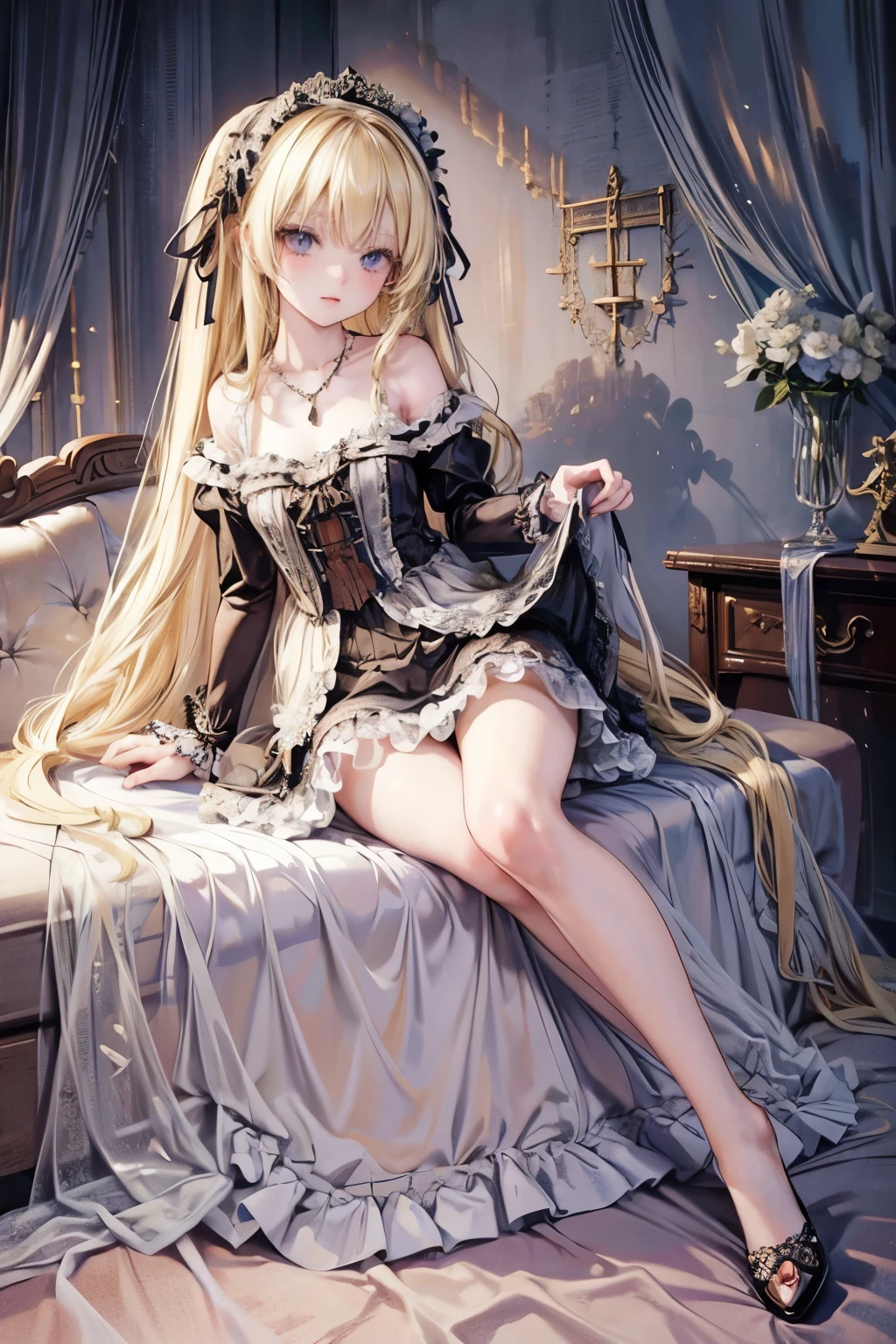 masterpiece,Highest quality,Very detailed,beautiful girl,Gothic Lolita Dress,necklace, teenager, (full body),Blonde,Perfect Face,Beautiful and detailed eyes,Beautiful Skin,skinny,Dynamic,palace,