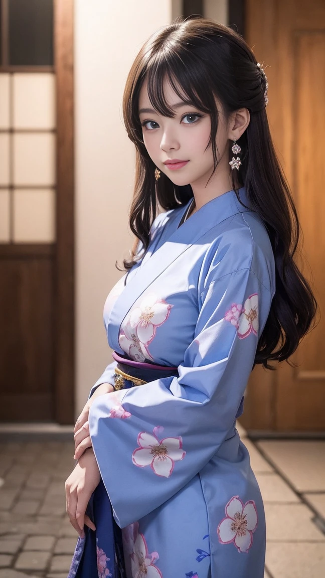  A 17-year-old Japanese girl with mesmerizing iridescent hair that shifts colors subtly in the moonlight, reminiscent of cherry blossoms. She wears a yukata that blends traditional elegance with a hint of allure, perfectly complementing her slender figure. Her sky-blue eyes sparkle with warmth and curiosity as she gazes directly at the viewer in a cowboy shot against the backdrop of a serene night store. Her hands are meticulously detailed, with perfectly corrected fingers and adorned with delicate earrings that catch the ambient light. Her smile is gentle yet inviting, reflecting both youthfulness and cultural grace.