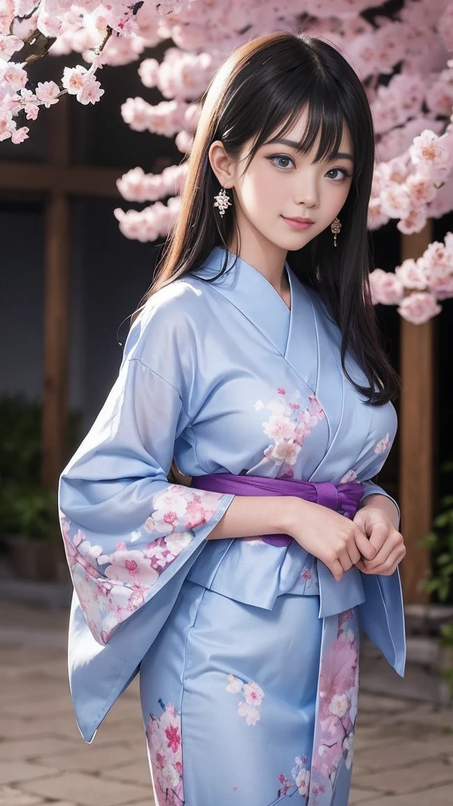  A 17-year-old Japanese girl with mesmerizing iridescent hair that shifts colors subtly in the moonlight, reminiscent of cherry blossoms. She wears a yukata that blends traditional elegance with a hint of allure, perfectly complementing her slender figure. Her sky-blue eyes sparkle with warmth and curiosity as she gazes directly at the viewer in a cowboy shot against the backdrop of a serene night store. Her hands are meticulously detailed, with perfectly corrected fingers and adorned with delicate earrings that catch the ambient light. Her smile is gentle yet inviting, reflecting both youthfulness and cultural grace.