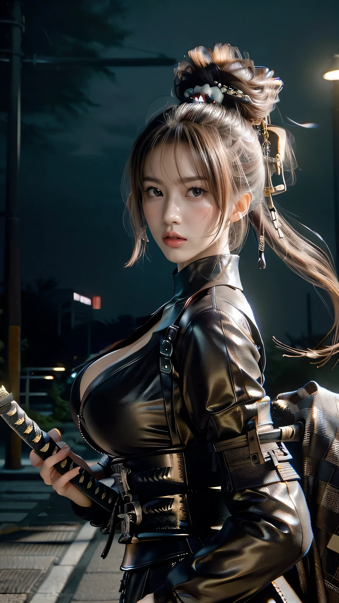 1girl,Tokyo Street,night,view of the ancient city of Japan,face details,hand details,city lights,half body view,cleavage,(((big breasts))),8k,RAW photos,best quality,masterpiece,realistic,photos  -realistic,best quality,masterpiece, very high resolution), 8K, 1girl, ((ninja suit)), from below, (((samurai detail:1,5))), natural skin texture, skin pores, texture  natural skin, dynamic poses, film details,