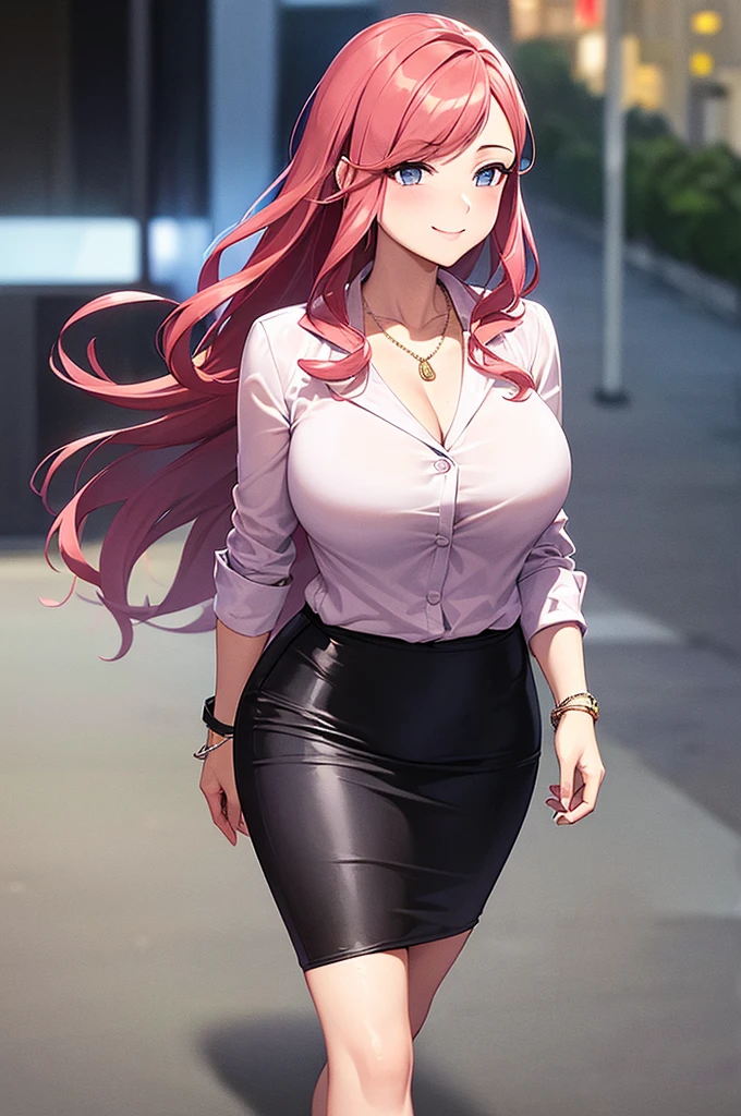 ((masterpiece, best quality, ultra-detailed)), 1girl, beautiful business woman walking in city back turned, smiling, blush, wearing pink blouse, blazer, bracelet, necklace, black midi pencil skirt, black suit skirt, heels, full body, wavy red hair, wide hips