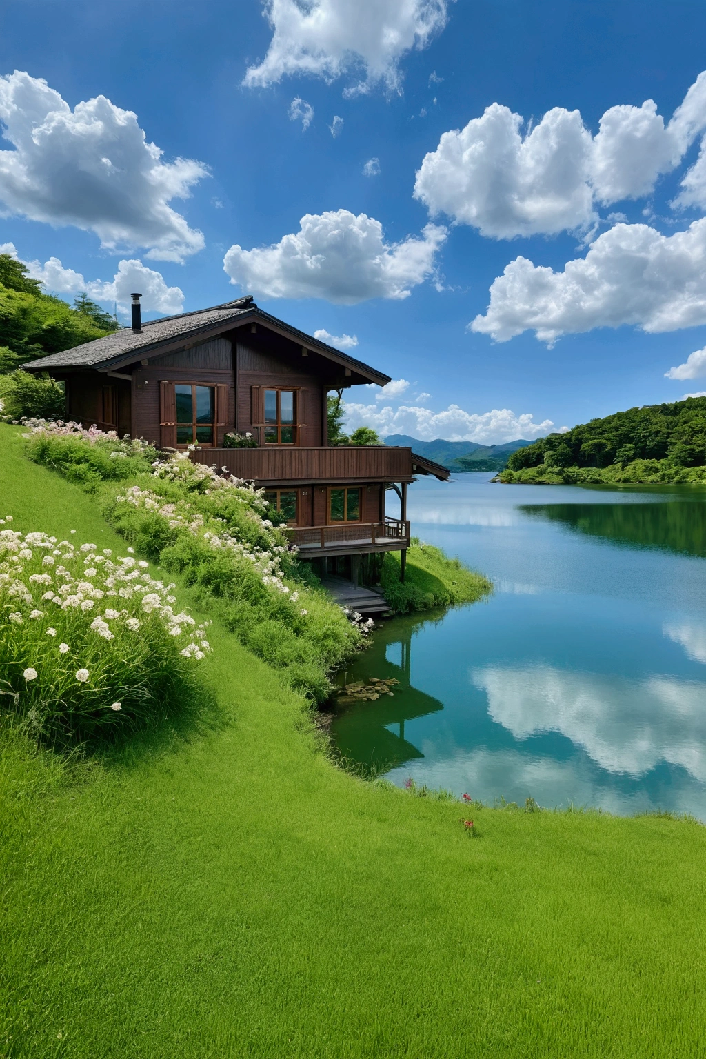 Endless green grassland，A lake where the blue sky is beautifully reflected，Bright and colorful flowers々，The clouds in the sky are low, Very white and soft，There is a chalet by the lake、Ghibli style