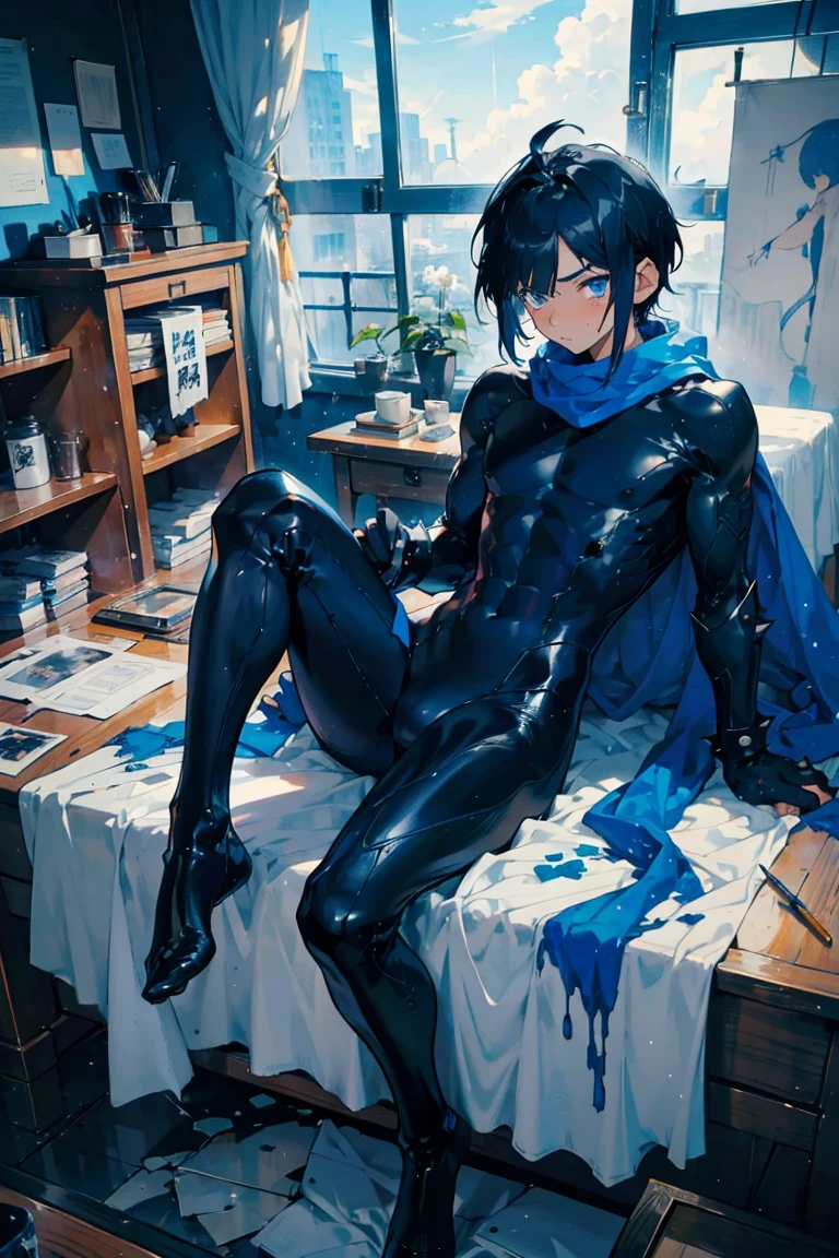 ((muste piece)), ((best quality)), ((dark blue eyes)), ((Dark black hair)),full-body picture,ninja hero boy Lying on the white tablecloth,Many paintbrushes apply white liquid to the body, lot of white liquid on body,sexy shota,spanking,blush,black mask,black and blue white tight bodysuit,skin texture hero suit, long blue broken scarf,blue tabi socks, ((very very short hair,spiky hairstyle)),masculine,sexy pose,Sanpaku Eyes,muscle,in classroom