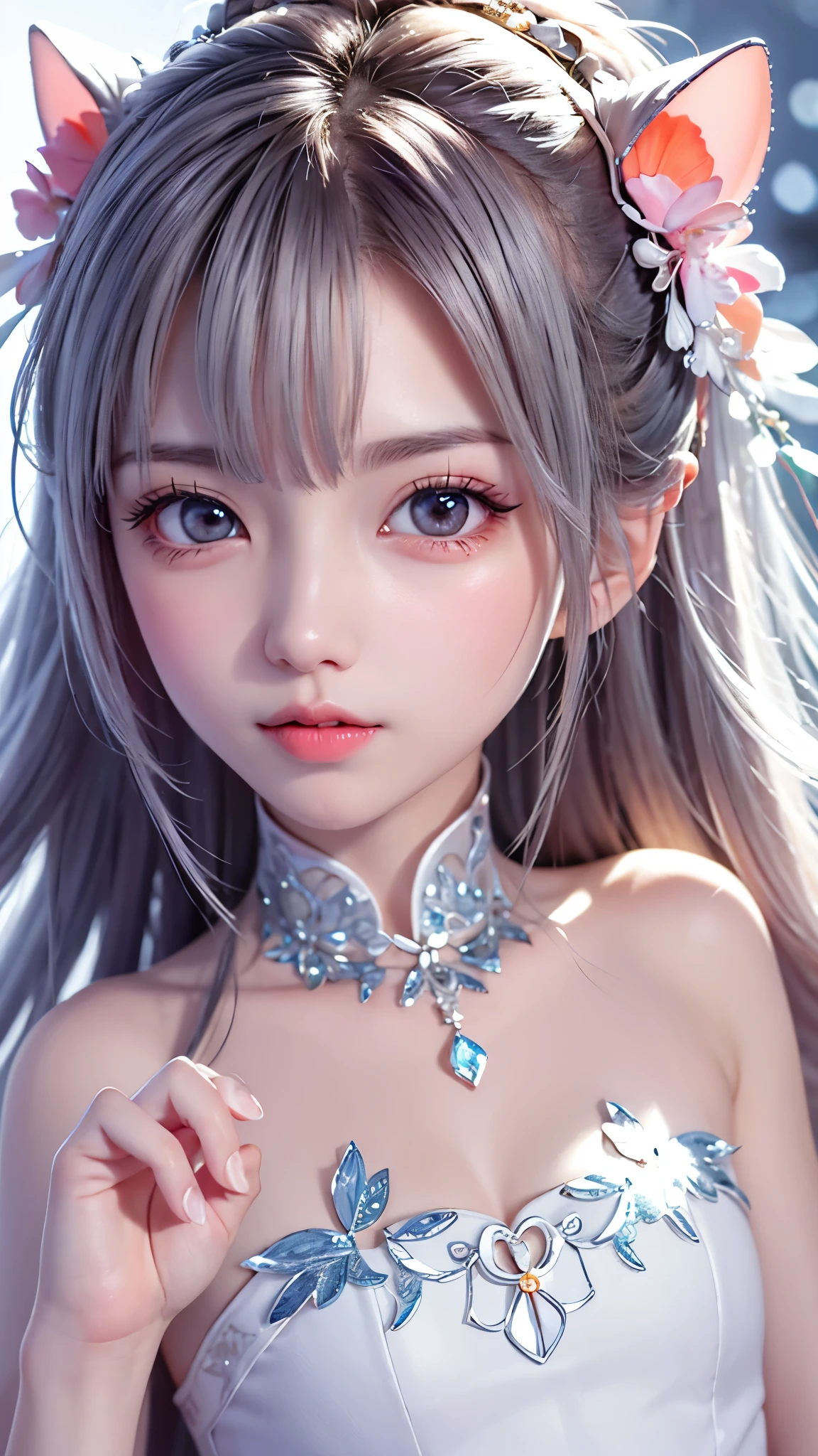 Gentle and lovely Chinese beauty, Exquisite and sexy clavicle, Charming goose egg face, Double eyelids, Bright peach blossom eyes, Pink lips, Small upturned nose, Bare shoulders, focused face, Close-up of face, Ultra HD, Super Detail, full-body shot, Ultra-thin translucent, Cat ears, Snowflakes falling, Pure white hair, (High detail fingers: 1.5)