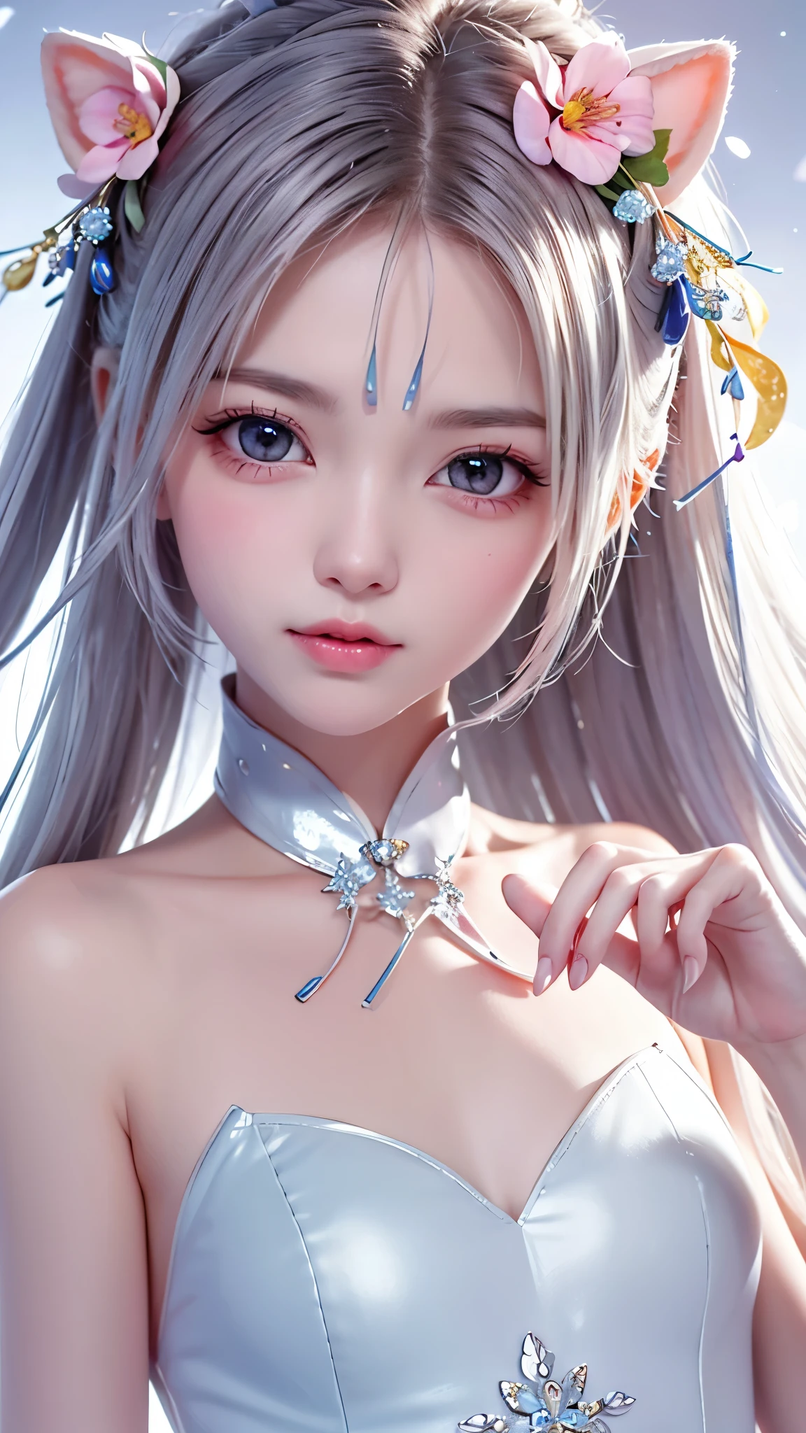 Gentle and lovely Chinese beauty, Exquisite and sexy clavicle, Charming goose egg face, Double eyelids, Bright peach blossom eyes, Pink lips, Small upturned nose, Bare shoulders, focused face, Close-up of face, Ultra HD, Super Detail, full-body shot, Ultra-thin translucent, Cat ears, Snowflakes falling, Pure white hair, (High detail fingers: 1.5)