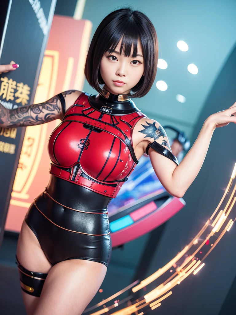 A kind smile, 日本のアニメbeautiful girl, Full body portrait, Cyborg Girl, Short Bob Hair, Delicate proportions, Thin arms, Bodysuits, Mechanical design weapons, Machine-like precision, Glossy feel, Coarse cluster、asianbeauty、8k、4K、real、Realism、reality、Ultra HD、Asian、beautiful girl、High Quality、Highvision、Hyperdetail、Tattoos on the face、Japanese Tattoo、Japanesetattoo