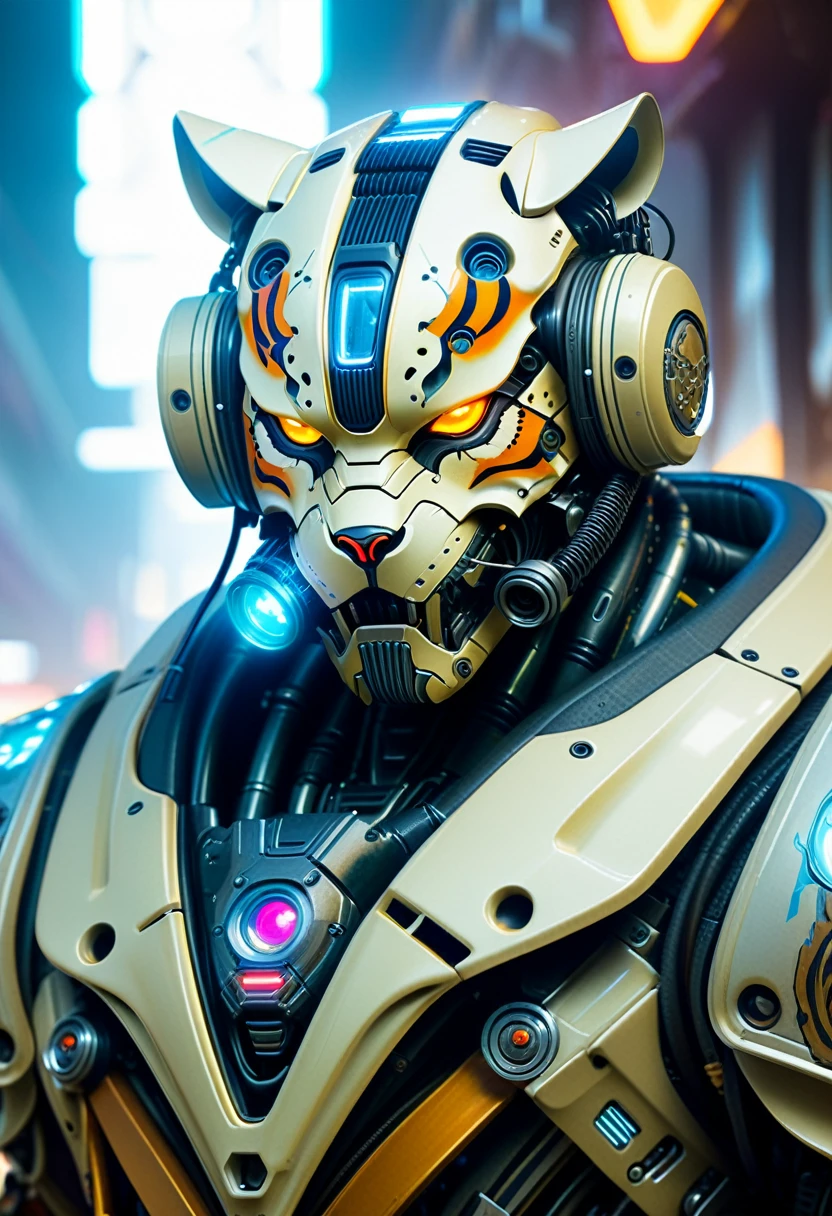 Close-up of a (((Cybernetic tiger))) adorned with robotiec elements, blending seamlessly into a cyberpunk environment, (mysterious) and (brutal) ambiance, (masterpiece) of lifelive art, mechanized military helmet detail, skull mask