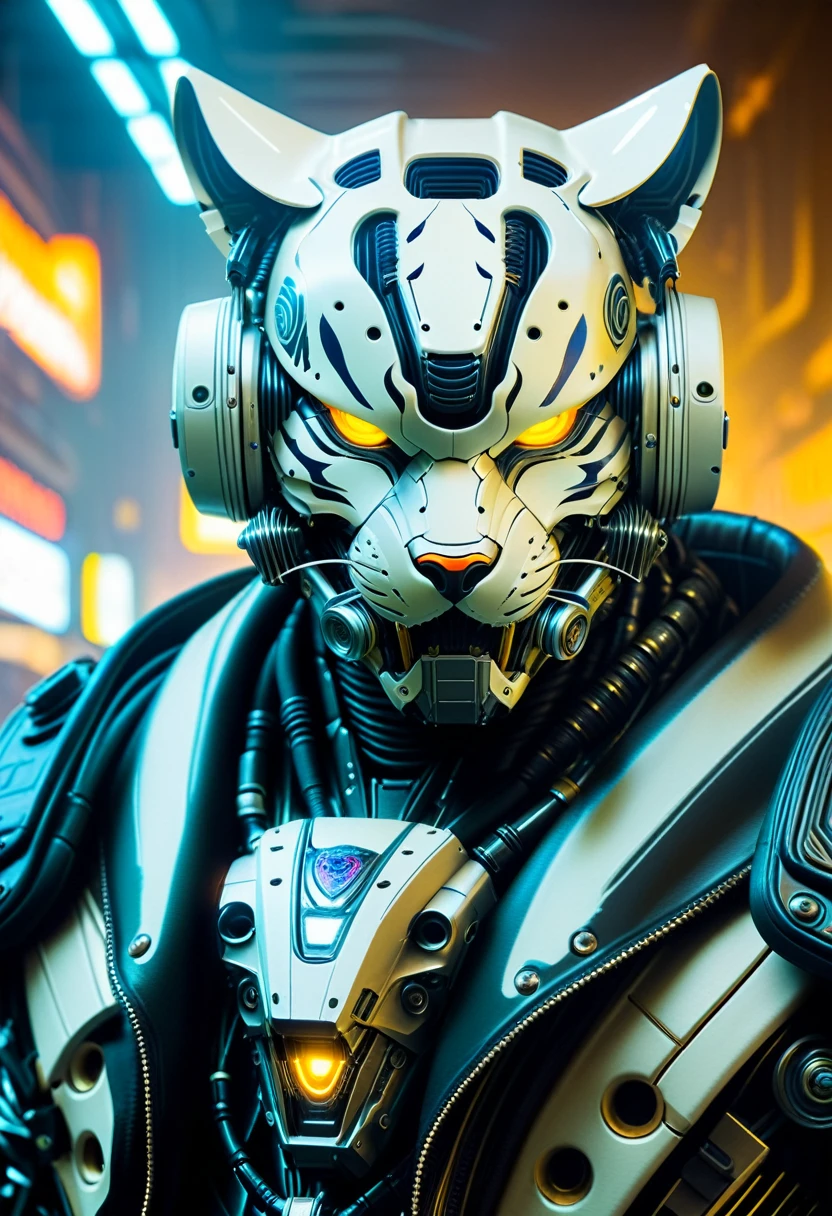 Close-up of a (((Cybernetic tiger))) adorned with robotiec elements, blending seamlessly into a cyberpunk environment, (mysterious) and (brutal) ambiance, (masterpiece) of lifelive art, mechanized military helmet detail, skull mask