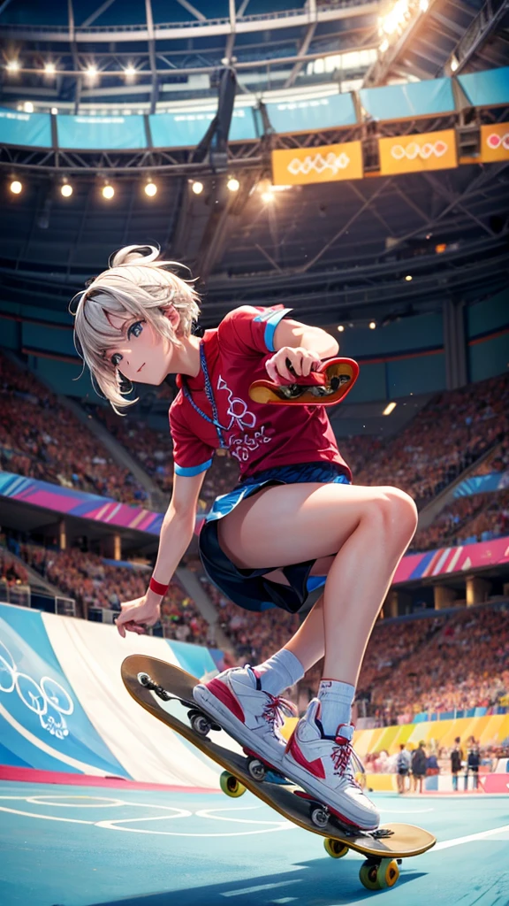 Competing in skateboarding at the Olympics。