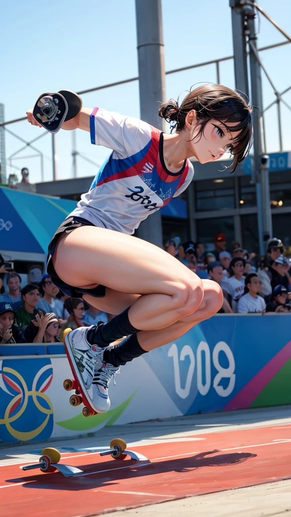 Competing in skateboarding at the Olympics。