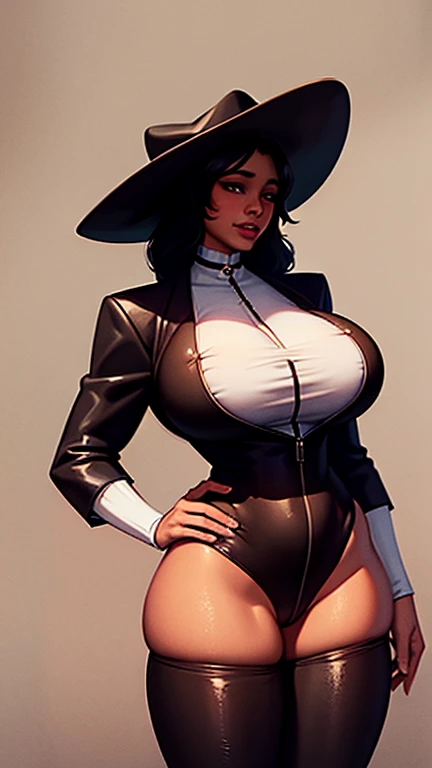 A ebony woman cowboy with very big breast in full height