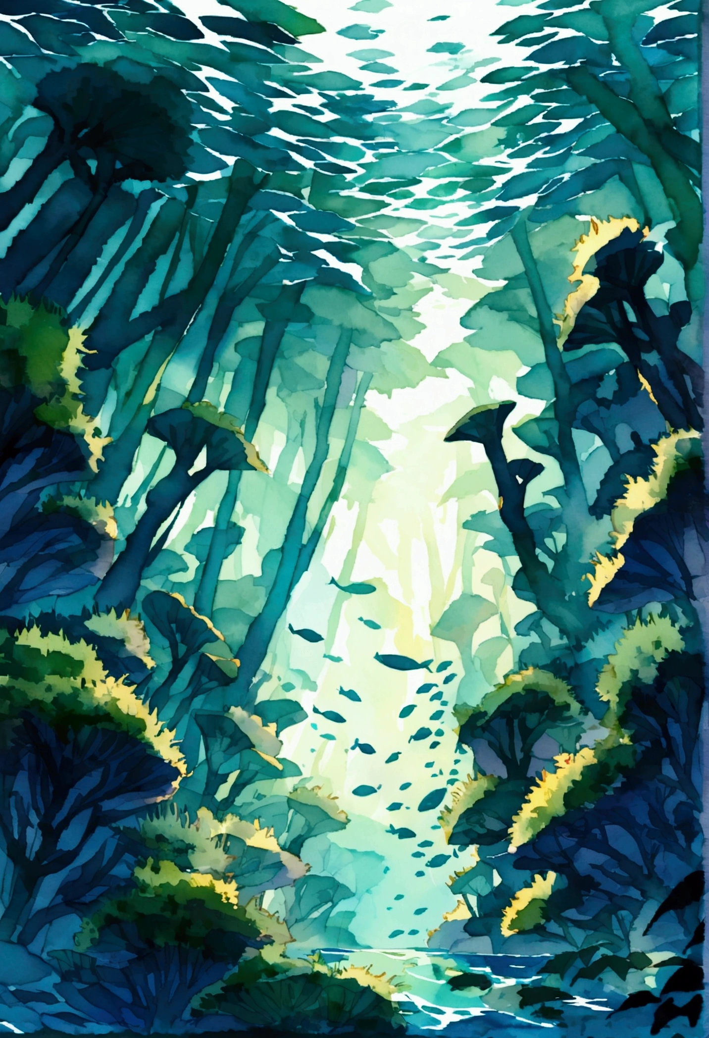 seaweed forest underwater, watercolor