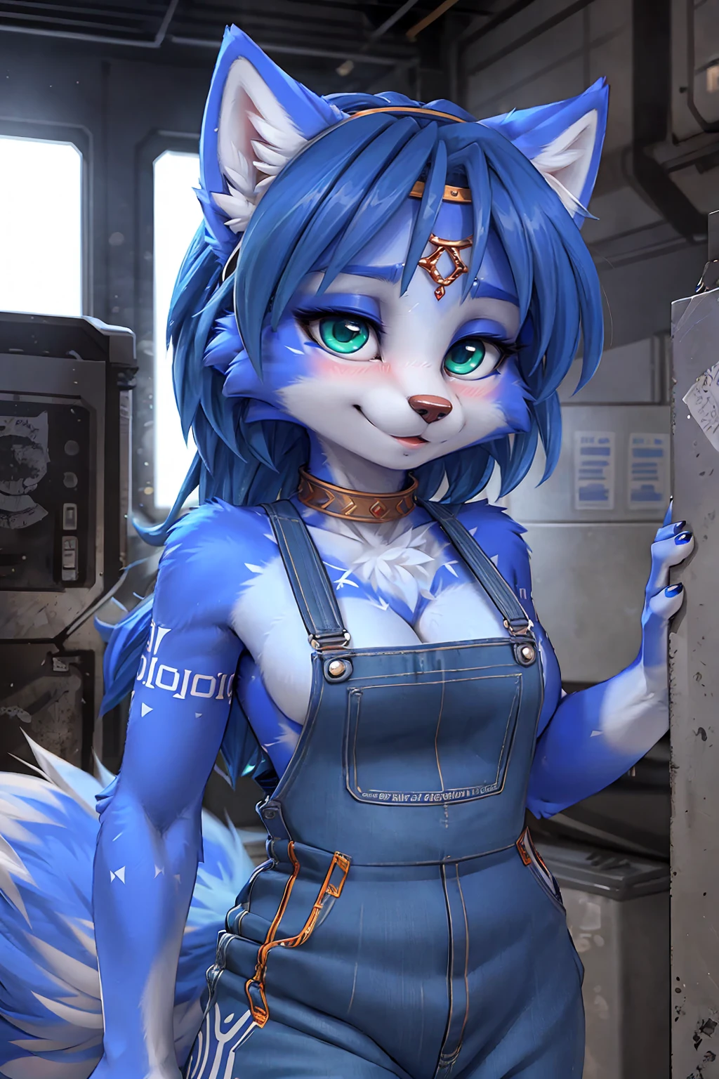 A beautiful and detailed (sweet portrait) wa ((krystal)), Star Fox krystal, sslim, green eyes, medium breasts, (((Long blue hair 1.3))), Decollete, look up, anthro, furry, Uploaded E621, detailed fluffy fur, (wa Fluff-Kevlar, Bayard Wu, personalize me, Pino Daeni), detailed face, (fluffy), 1 girl, alone, sweet girl, blue overalls, Viewers look at, Shy smile,
