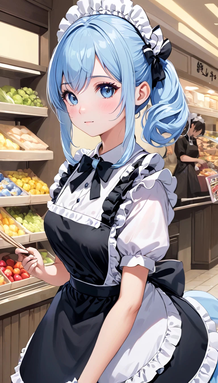 ((masterpiece)), ((best quality)), perfect detailed eyes, perfect detailed face, ultra-detailed nose, side ponytail, light blue hair, hair bow, Maid, maid outfit, Maid costume, frilly maid apron, Going out shopping, carrying a tote bag on her shoulder