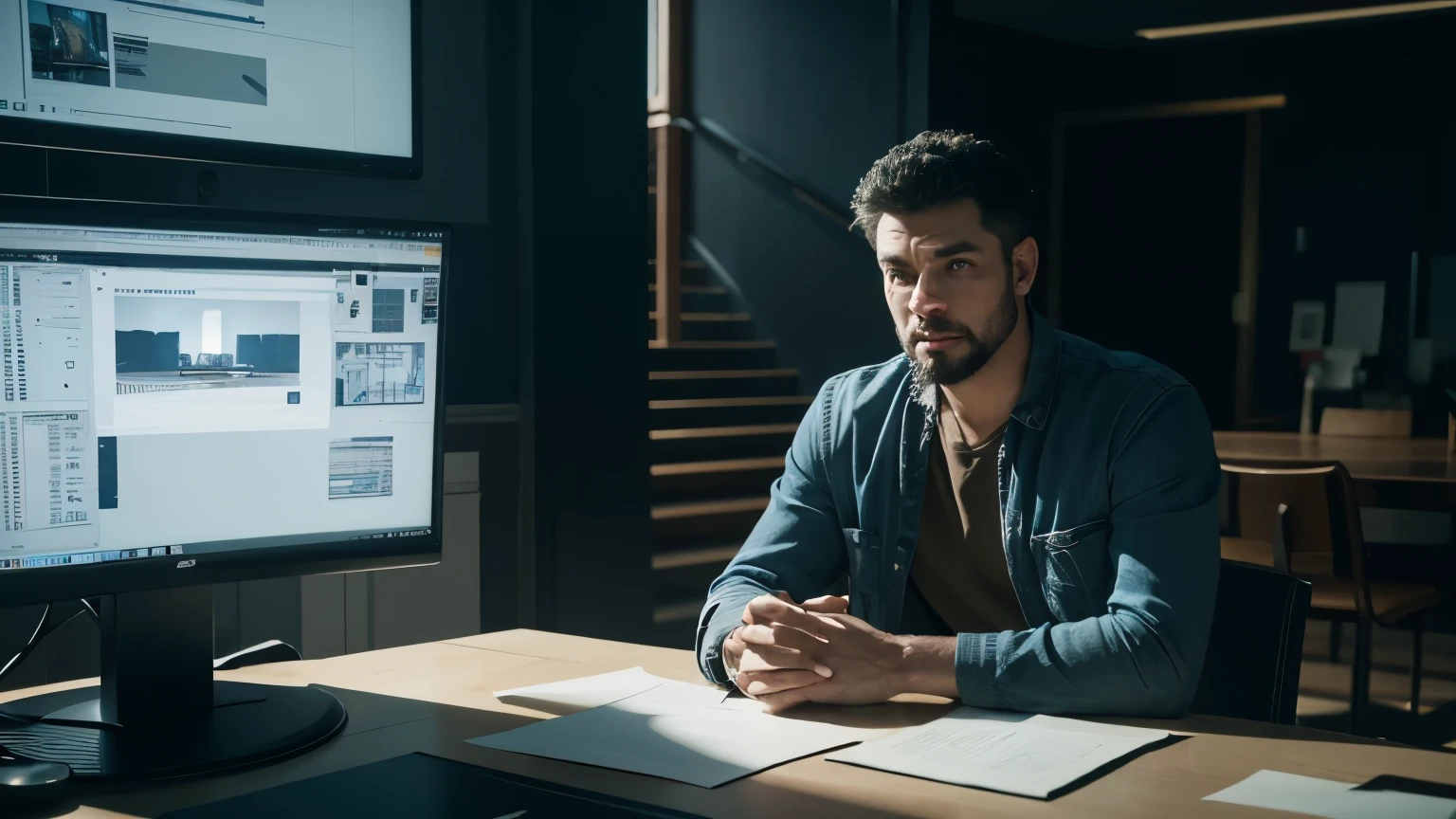A man sits at a table with two screens,anxious, Artie Guerin 8K, Rich atmosphere, Full of epic scenes, 3D rendering of beeple, Inspired by Artie Guerin, 8k post production, 8k post production, Animation style rendering, 8k post production, 8k post production