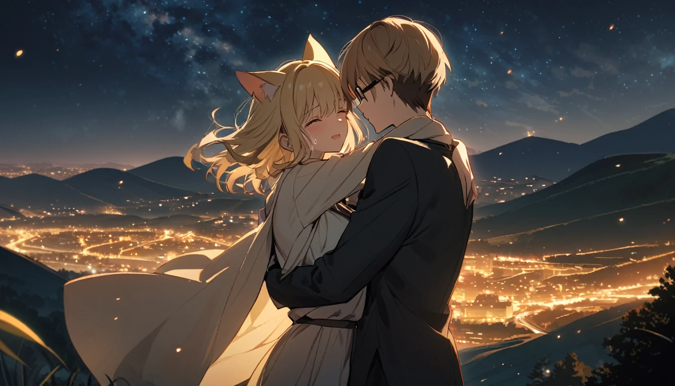 two people, one boy one girl, both are blond hair, the girl has cat ears, the boy wear glasses, the girl is crying, the girl hugs the boy, boy back to the viewer, night, standing, closing eyes, hills