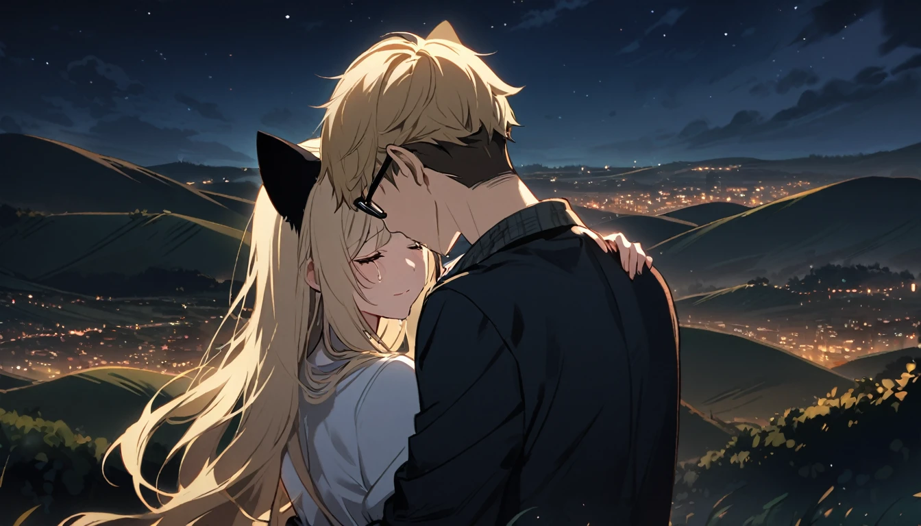 two people, one boy one girl, both are blond hair, the girl has cat ears, the boy wear glasses, the girl is crying, the girl hugs the boy, boy back to the viewer, night, standing, closing eyes, hills