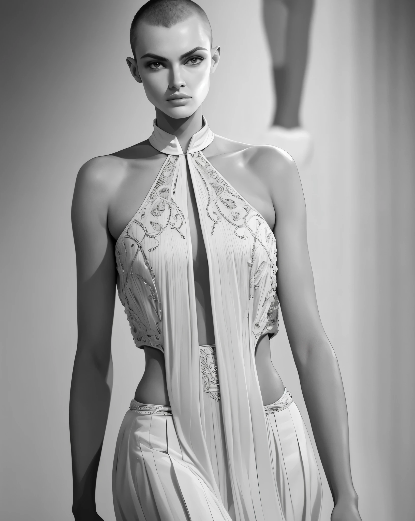 beautiful buzzcut supermodel on a runway show, Best quality, intricate details, clean lines, eye-catching composition, soft tones, semi-realism, perfect illustration, dynamic pose, ample headroom