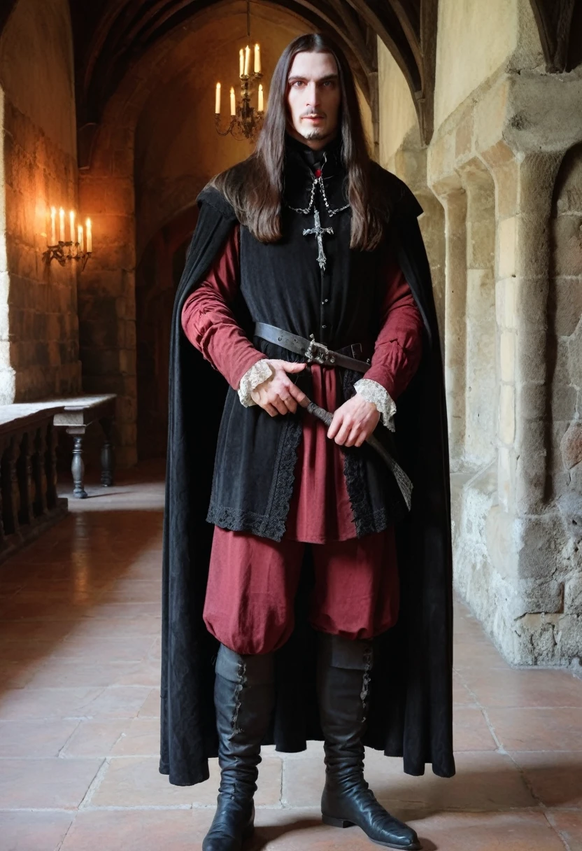 Vlad III Basarab Comte de Dracula 26 years old 1472 dress like "De Rune from a plague tale" in hall castle
