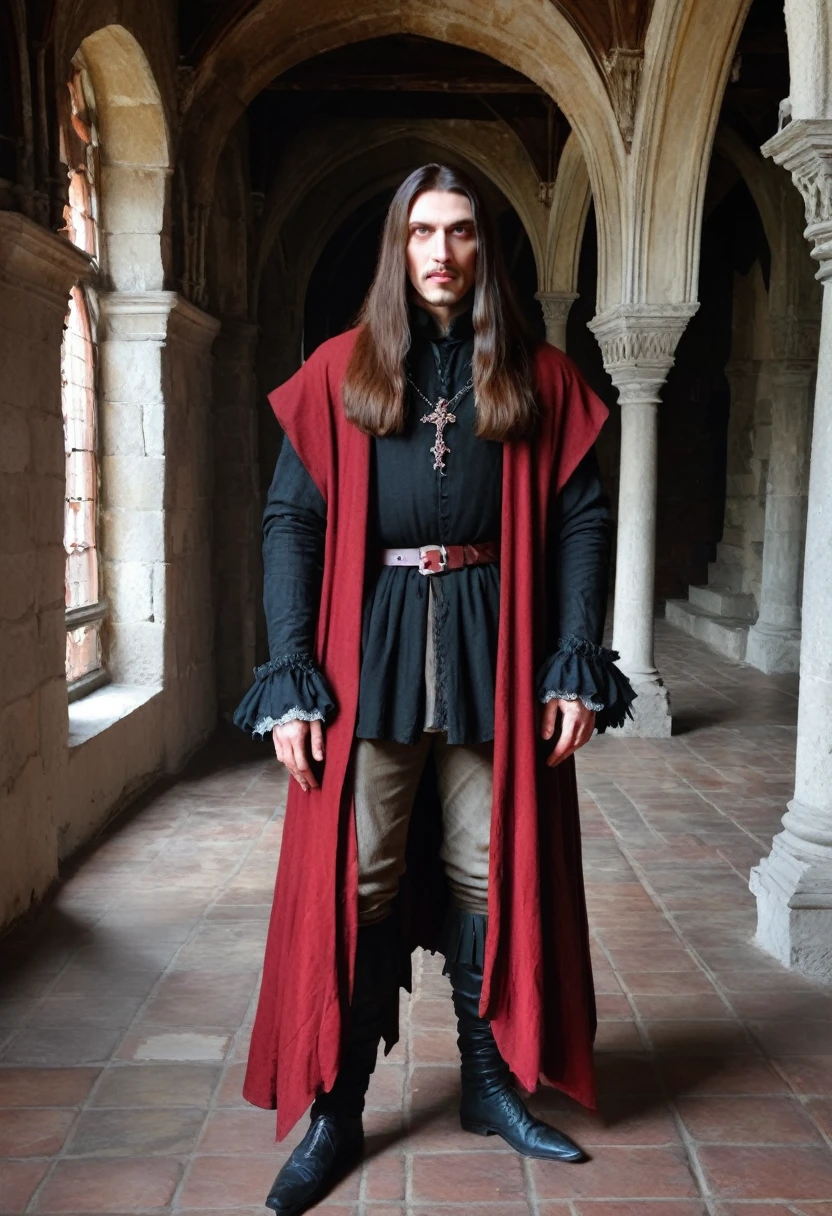 Vlad III Basarab Comte de Dracula 26 years old 1472 dress like "De Rune from a plague tale" in hall castle