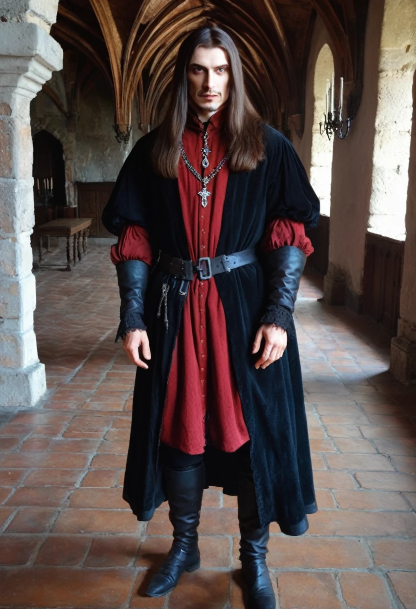 Vlad III Basarab Comte de Dracula 26 years old 1472 dress like "De Rune from a plague tale" in hall castle
