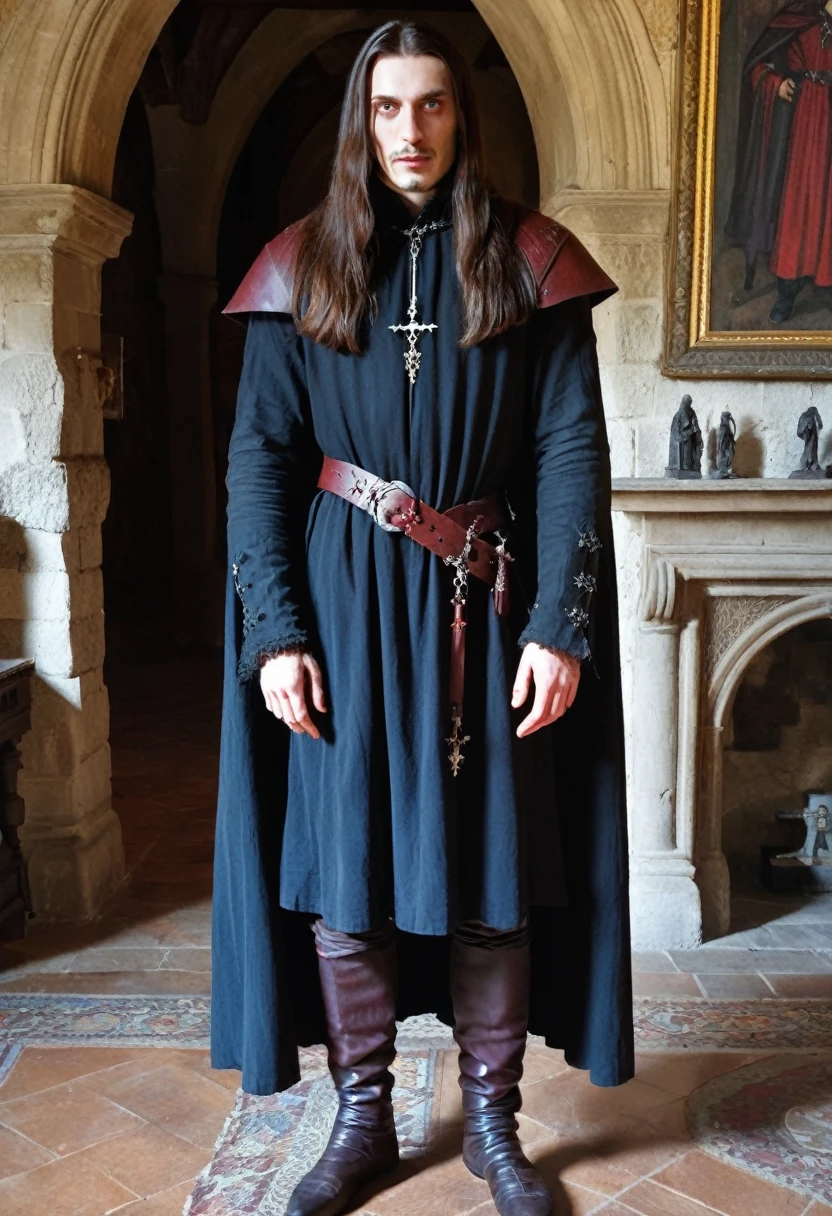 Vlad III Basarab Comte de Dracula 26 years old 1472 dress like "De Rune from a plague tale" in hall castle